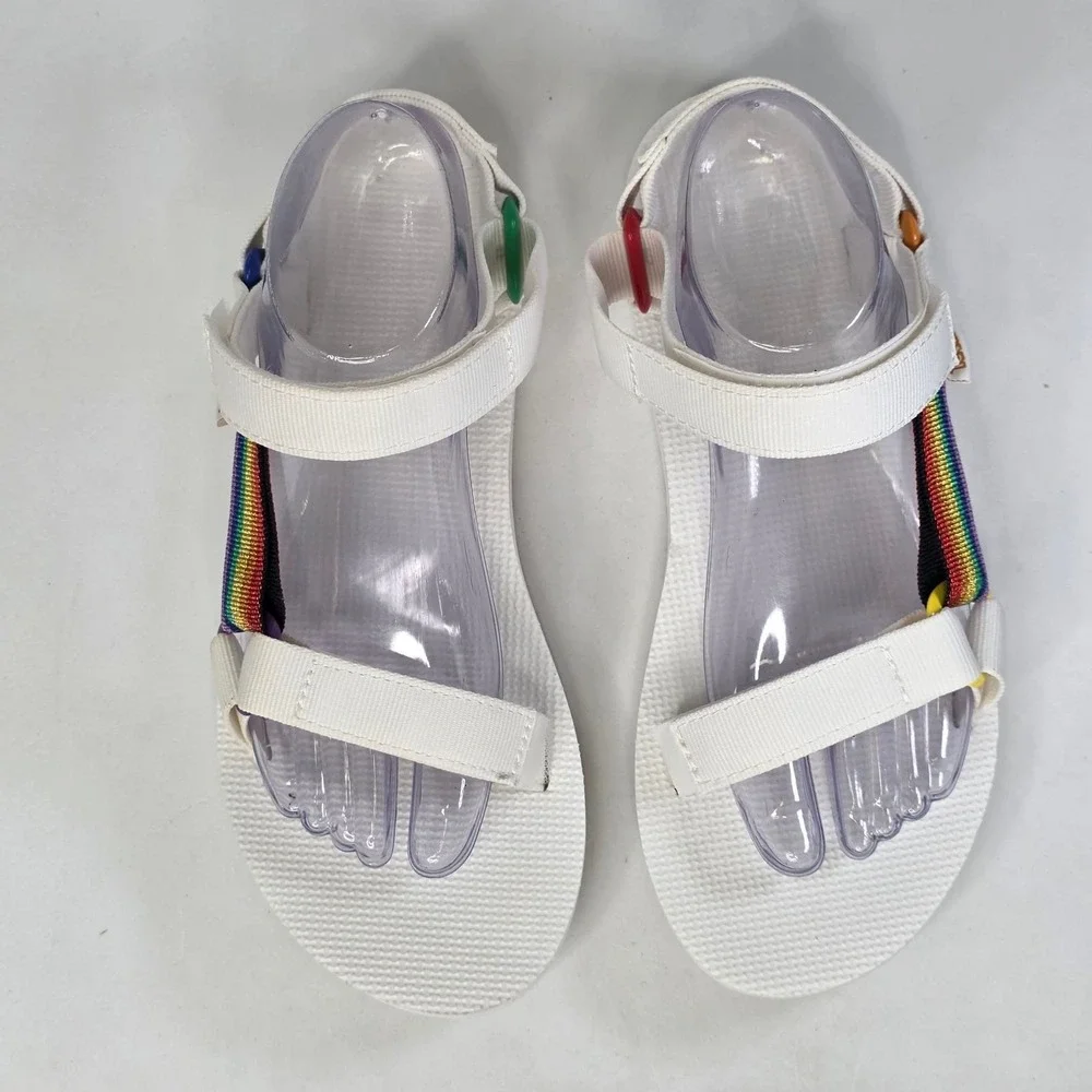 Teva Original Universal Pride Sandals Women's Size 9 White Rainbow Straps Shoes
